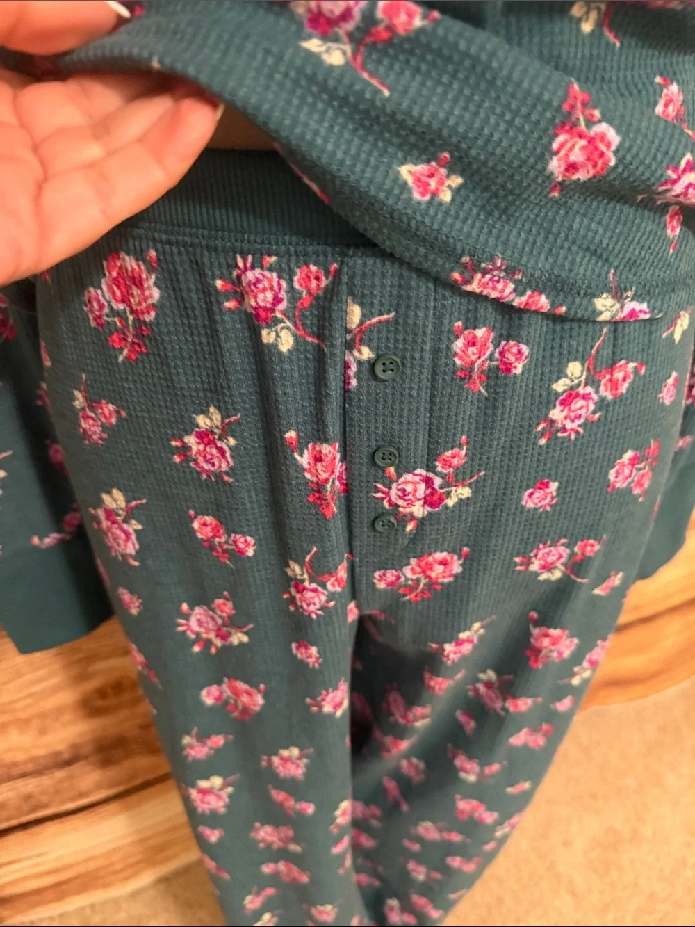 Sonoma Teal Floral Thermal Pajama Set with Pink Rose Print